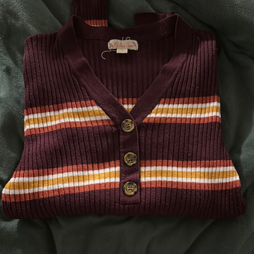Burgundy Striped Cardigan with Buttons